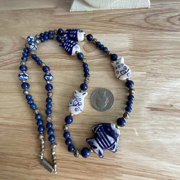 Vintage Blue White Ceramic Fish Bead Necklace 28" Hand Painted Porcelain Ocean - Picture 8 of 8